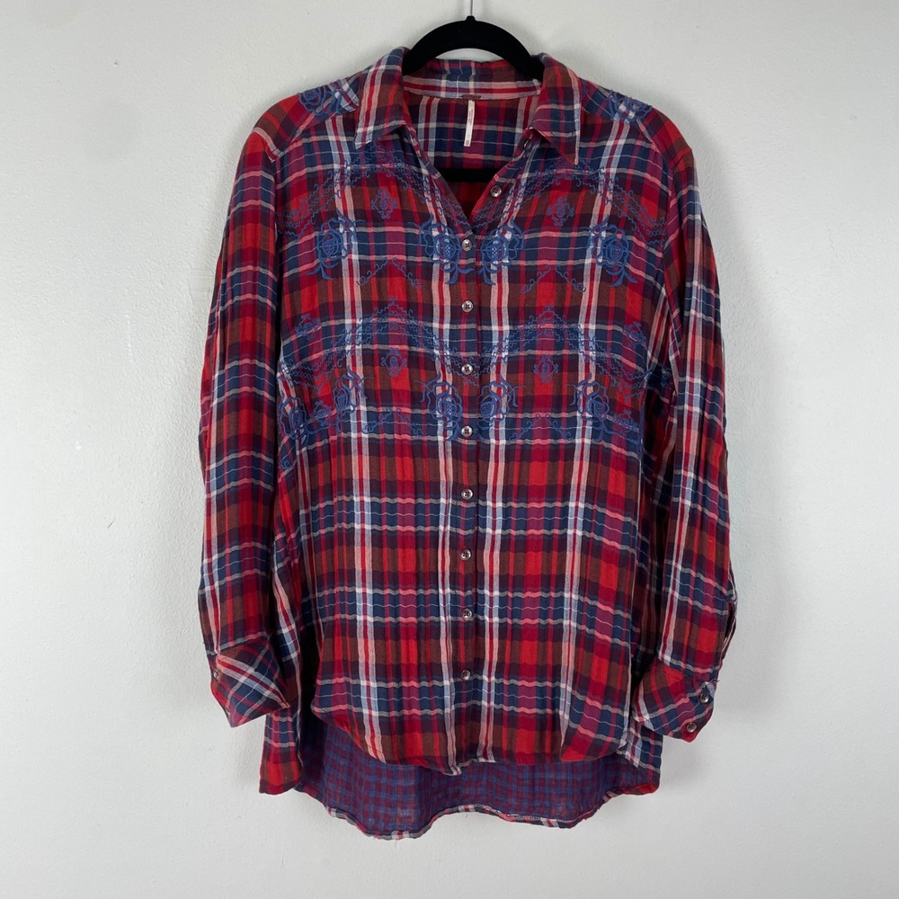 Free People Magical Embroidered Plaid Button Down Shirt Long‎ Sleeve Red Blue XS